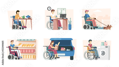 disabled. multiracial people disabled in public places. vector medical conceptual pictures set