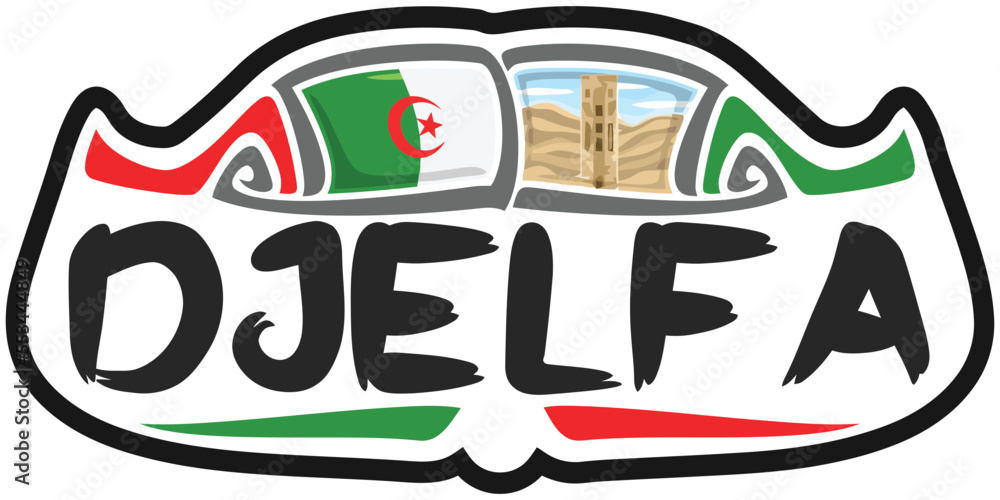 Djelfa Algeria Flag Travel Souvenir Sticker Skyline Landmark Logo Badge Stamp Seal Emblem EPS
