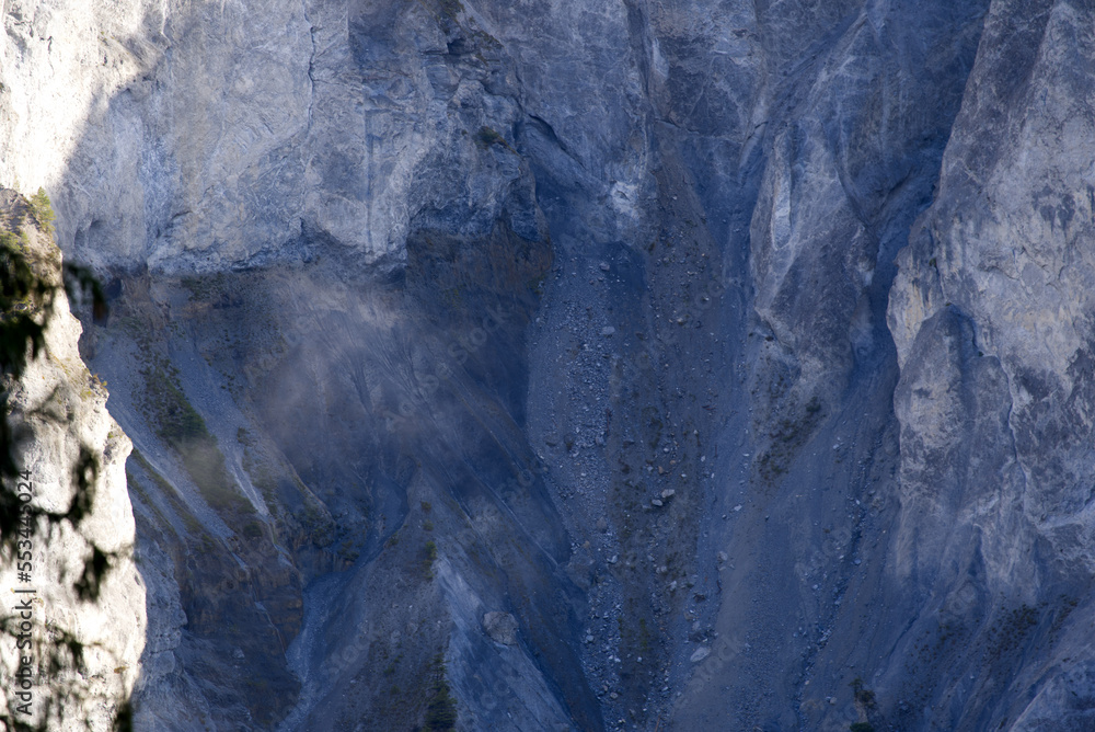 Beautiful rock formation at gorge of Anterior Rhine Valley at Versam, Canton Graubünden, on a sunny autumn day. Photo taken September 26th, 2022, Versam, Switzerland.