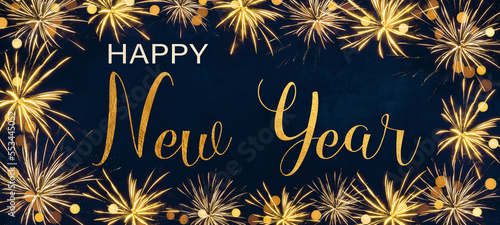 HAPPY NEW YEAR 2024 - Festive silvester New Year's Eve Party background greeting card - Golden fireworks in the dark blue night.