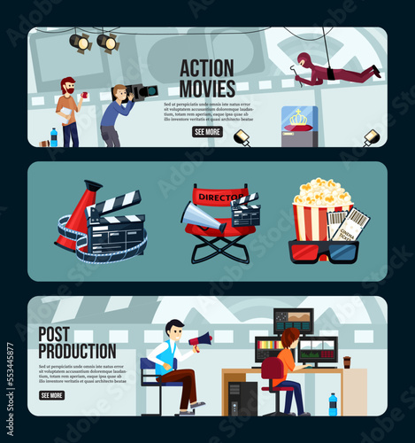 movie production. clapboard camera filming persons. Vector entertainment banners collection