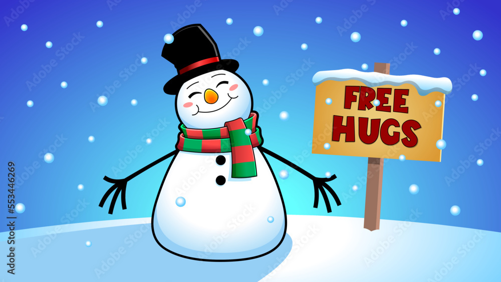 Fototapeta premium Happy Snowman Cartoon Character With Open Arms For Hugging And Wooden Sign. Vector Hand Drawn With Winter Background