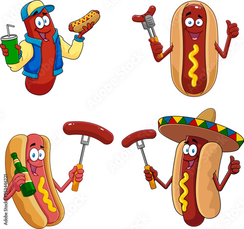Sausage Cartoon Mascot Characters. Vector Hand Drawn Collection Set Isolated On Transparent Background