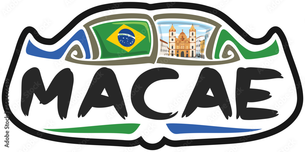 Macae Brazil Flag Travel Souvenir Sticker Skyline Landmark Logo Badge Stamp Seal Emblem Coat of Arms Vector Illustration SVG EPS