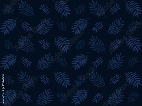 Palm leaf seamless pattern.Abstract palm leaf in dark and light blue on dark navy blue background.For masculine fabric textile swatch ladies dress man shirt print block, vector illustration. 
