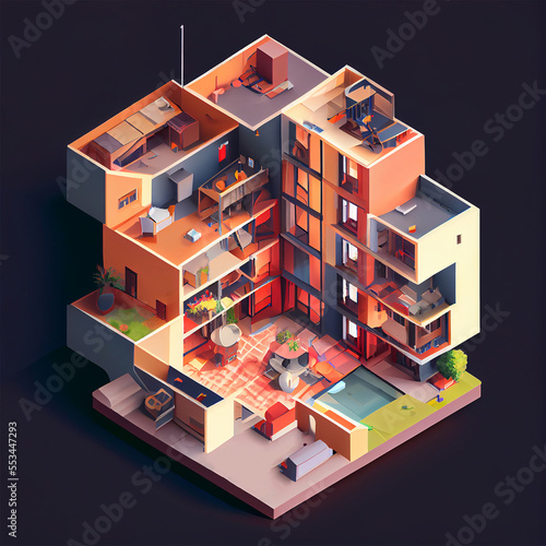 Infographic of an apartment building with exposed walls showing all flats and rooms