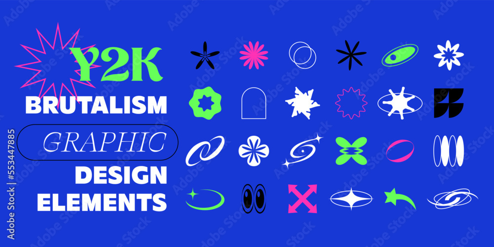 Brutalist Y2K shapes, abstract design elements. Constructor of trendy