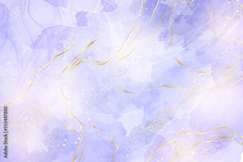 Violet lavender liquid watercolor marble background with golden lines. Pastel purple periwinkle alcohol ink drawing effect. Vector illustration design template for wedding invitation, menu, rsvp