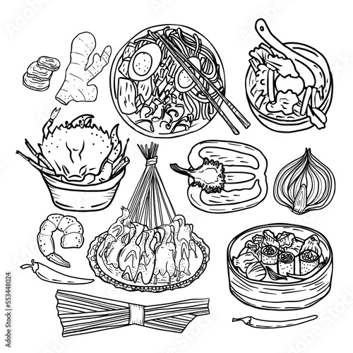 Vector hand drawn panasian food set. Black and white sketches. Noodles, spicy soup, fried crab, roast duck, dumplings, shrimp, ginger, hot pepper, onion, cilantro.