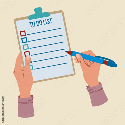 Female hand holding a pen and making notes on To Do List. Hand drawn colored vector illustration isolated on light background. Flat cartoon style.