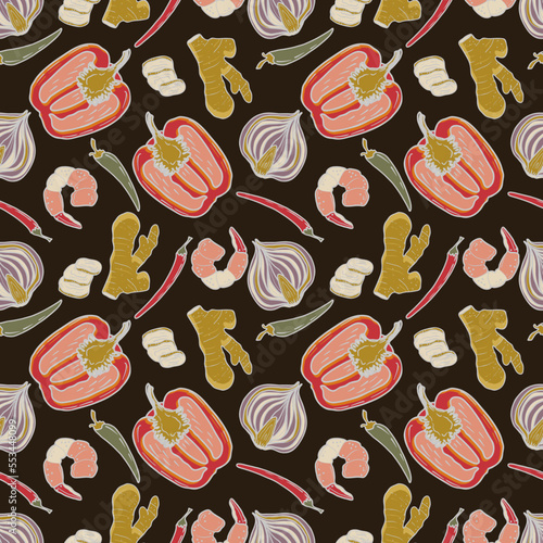 Vector Panasian food seamless pattern. Hand drawn sketch with asian food such as noodles, shrimps, gingers, dumplings, roast ducks, spicy soup, fried crabs.