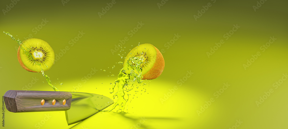 knife cutting chopping a kiwi fruit in half making a splash of kiwi fruit juice against a lime background 3D render rendered