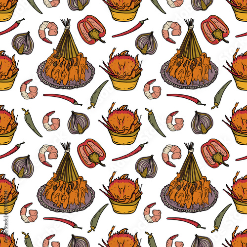 Vector Panasian food seamless pattern. Hand drawn sketch with asian food such as noodles, shrimps, gingers, dumplings, roast ducks, spicy soup, fried crabs.