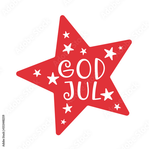 Red star with Merry Christmas lettering in Swedish (God Jul). Vector illustration