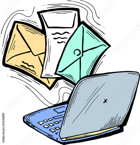 Email marketing vector, online remote laptop home working. Corporate communication, clients feedback, promotion strategi with digital post advertisement. Mailing letter list media business. Hand drawn