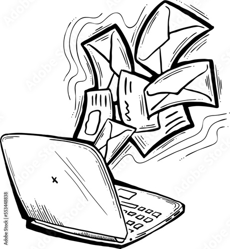 Email marketing vector, online remote laptop home working. Corporate communication, clients feedback, promotion strategi with digital post advertisement. Mailing letter list media business. Hand drawn