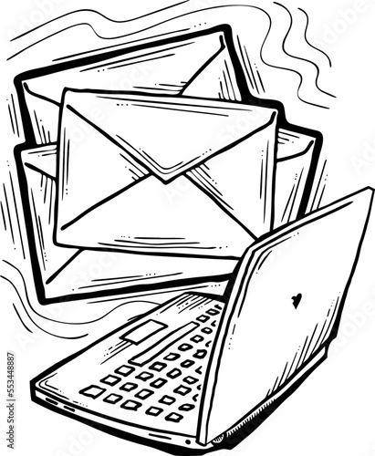 Email marketing vector, online remote laptop home working. Corporate communication, clients feedback, promotion strategi with digital post advertisement. Mailing letter list media business. Hand drawn