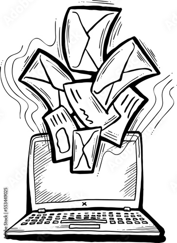 Email marketing vector, online remote laptop home working. Corporate communication, clients feedback, promotion strategi with digital post advertisement. Mailing letter list media business. Hand drawn
