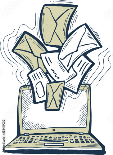 Email marketing vector, online remote laptop home working. Corporate communication, clients feedback, promotion strategi with digital post advertisement. Mailing letter list media business. Hand drawn