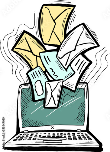 Email marketing vector, online remote laptop home working. Corporate communication, clients feedback, promotion strategi with digital post advertisement. Mailing letter list media business. Hand drawn