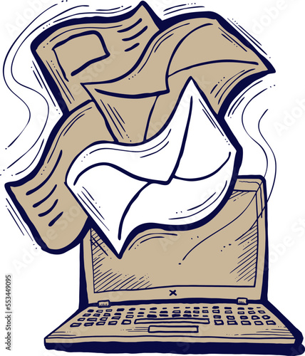 Email marketing vector, online remote laptop home working. Corporate communication, clients feedback, promotion strategi with digital post advertisement. Mailing letter list media business. Hand drawn
