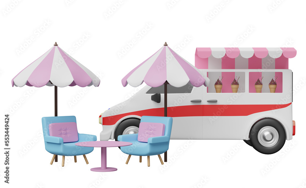 food truck vehicle with ice cream showcases or fridge,coffee table, umbrella, sofa chair isolated, 3d illustration or 3d render food truck vehicle with ice cream showcases or fridge,coffee table, umbrella, sofa chair isolated, 3d illustration or 3d render