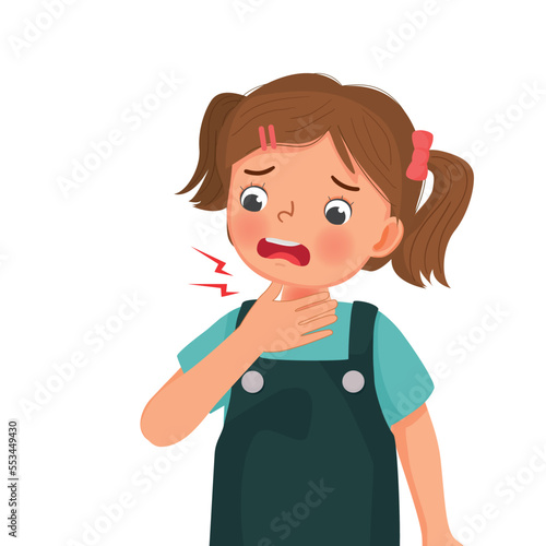 cute little girl suffering from sore throat touching her painful and swelling neck as symptoms of flu and allergy
