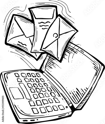 Email marketing vector, online remote laptop home working. Corporate communication, clients feedback, promotion strategi with digital post advertisement. Mailing letter list media business. Hand drawn