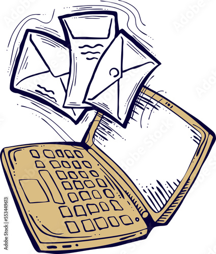 Email marketing vector, online remote laptop home working. Corporate communication, clients feedback, promotion strategi with digital post advertisement. Mailing letter list media business. Hand drawn