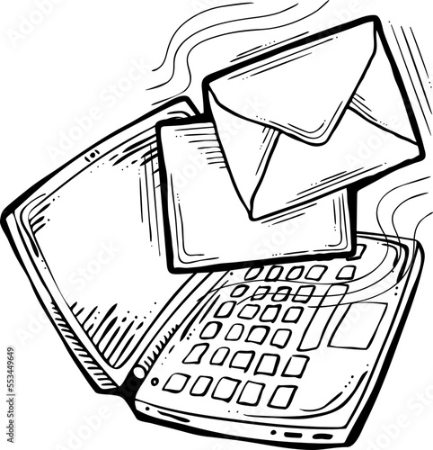 Email marketing vector, online remote laptop home working. Corporate communication, clients feedback, promotion strategi with digital post advertisement. Mailing letter list media business. Hand drawn