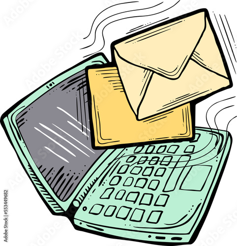 Email marketing vector, online remote laptop home working. Corporate communication, clients feedback, promotion strategi with digital post advertisement. Mailing letter list media business. Hand drawn