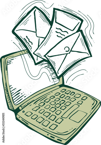 Email marketing vector, online remote laptop home working. Corporate communication, clients feedback, promotion strategi with digital post advertisement. Mailing letter list media business. Hand drawn