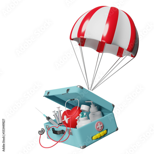 parachute with first aid kit, stethoscope, syringe, red heart and blood pressure heart rate isolated. health love or world heart day concept, 3d illustration or 3d render photo