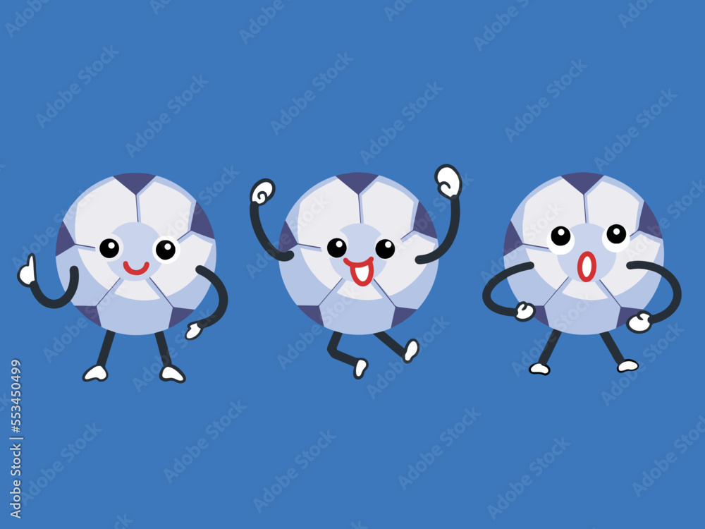 Sport Soccer ball character mascot with facial expression and body gesture. Vector illustration with cartoon comic flat simple art style isolated on plain blue background.