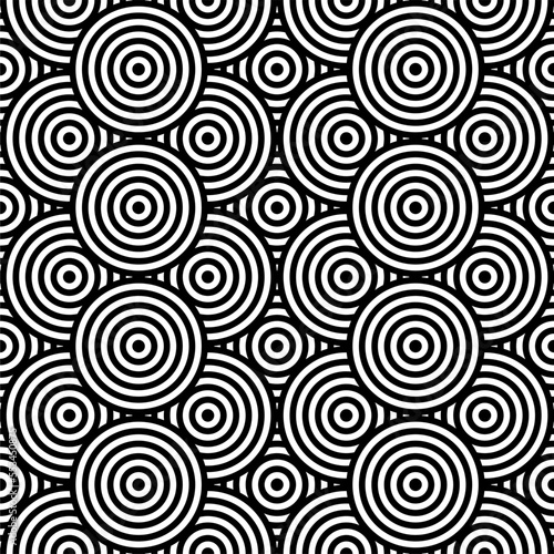 Vector abstract seamless pattern.Modern geometric background.Repeated monochrome pattern with concentric circles background ornament of striped concentric circles.Monochrome background with diagonal.