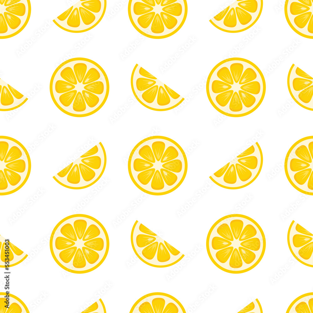 Lemon seamless pattern. Slices of ripe yellow lemons on white background. Summer fresh fruits theme wallpaper. 