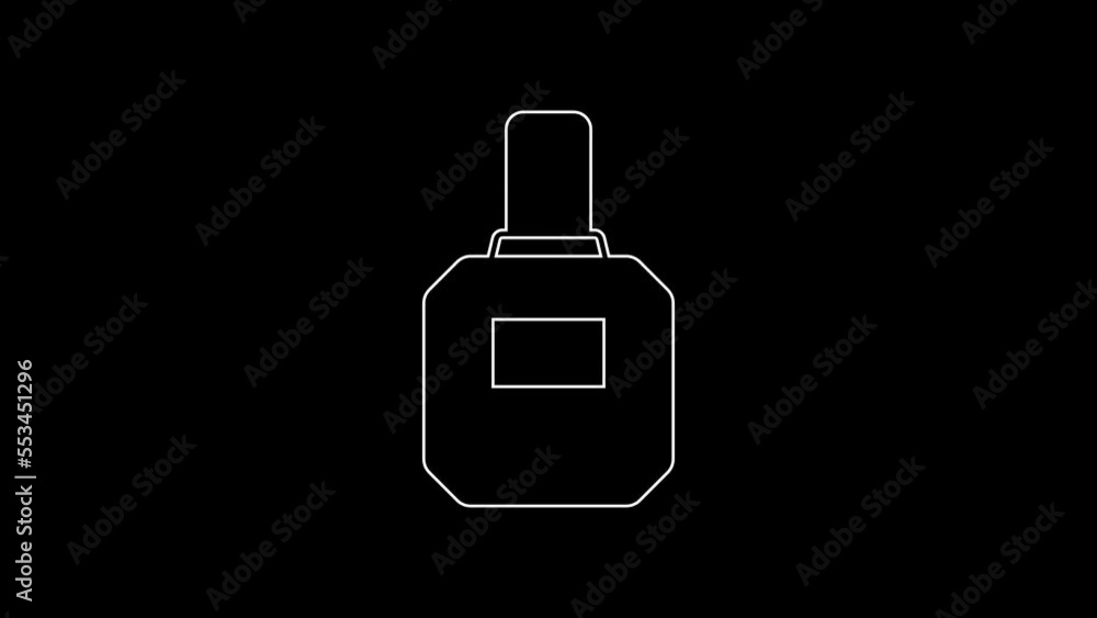 White line Aftershave icon isolated on black background. Cologne spray icon. Male perfume bottle. 4K Video motion graphic animation White line Aftershave icon isolated on black background. Cologne spray icon. Male perfume bottle. 4K Video motion graphic animation