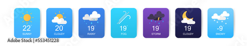 Weather app interface. Weather icon set for a web site or mobile app UI. Card for a weather widget. All icons for weather with sample of use. Vector illustration concept