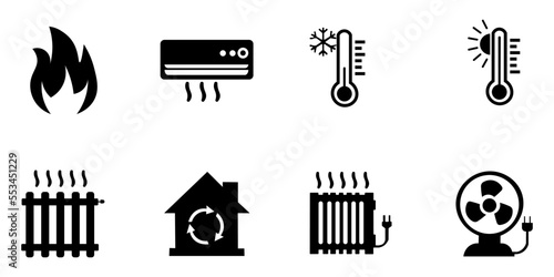 set of black icons of types of heating in the house, heater for the house, heaters of different types in black color eps10
