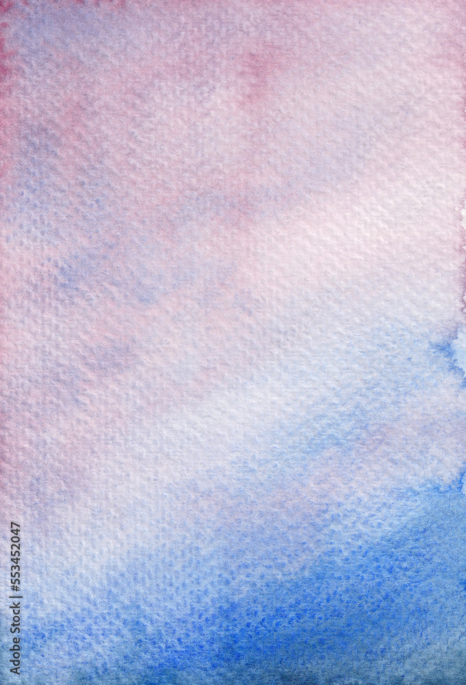Watercolor blue and pink background. Pastel gradient texture. Beautiful watercolor wash. Hand drawn illustration, perfect for textures and backgrounds.