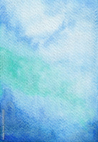 Watercolor blue and turquoise background. Pastel gradient texture. Beautiful watercolor wash. Hand drawn illustration  perfect for textures and backgrounds.