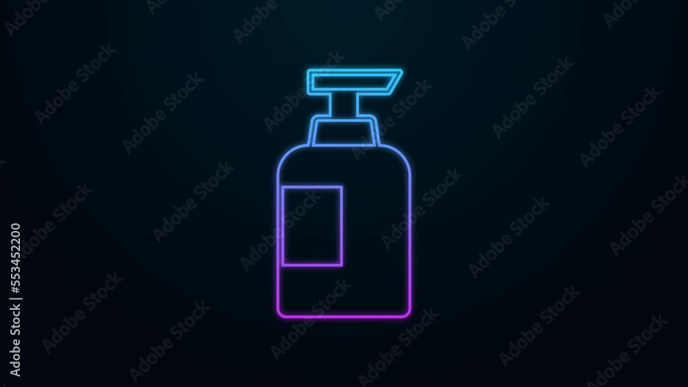 Glowing neon line Bottle of shampoo icon isolated on black background. 4K Video motion graphic animation Glowing neon line Bottle of shampoo icon isolated on black background. 4K Video motion graphic animation