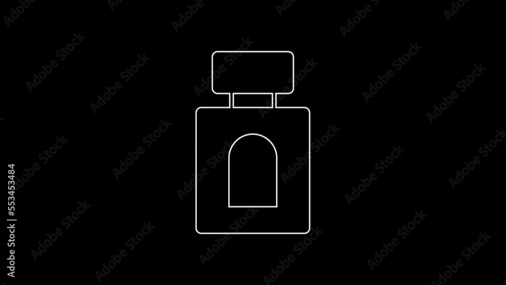 White line Aftershave icon isolated on black background. Cologne spray icon. Male perfume bottle. 4K Video motion graphic animation White line Aftershave icon isolated on black background. Cologne spray icon. Male perfume bottle. 4K Video motion graphic animation