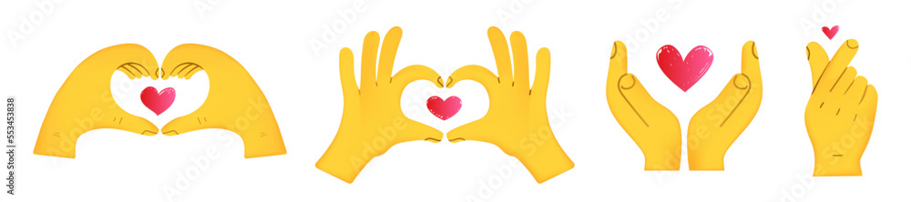 Obraz premium Heart shapes with hand gestures. Valentine day and expressions of love with two hands. Love message with hand gestures.