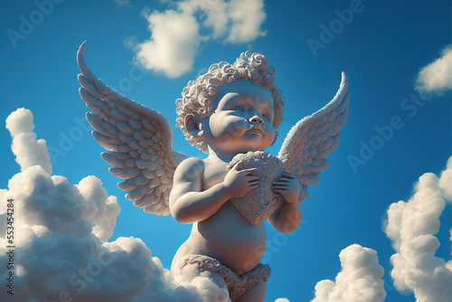 Leinwand Poster winged cupid baby on blue sky, heart, valentine's day, art illustration