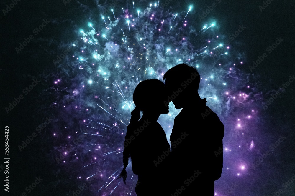 Dark couple silhouette watching fireworks