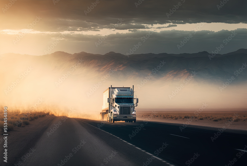 Early in the morning, a white truck travels over a remote asphalt road. Generative AI