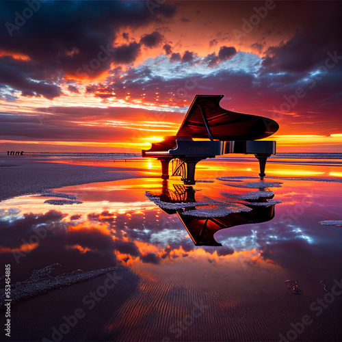Sunset over the beach background piano