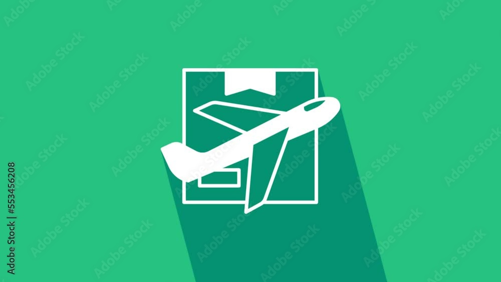 White Plane and cardboard box icon isolated on green background. Delivery, transportation. Cargo delivery by air. Airplane with parcels, boxes. 4K Video motion graphic animation White Plane and cardboard box icon isolated on green background. Delivery, transportation. Cargo delivery by air. Airplane with parcels, boxes. 4K Video motion graphic animation