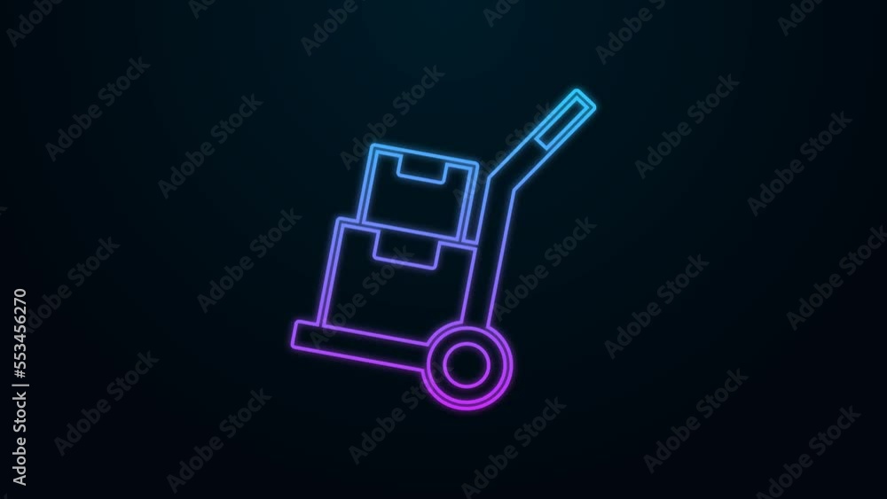 Glowing neon line Hand truck and boxes icon isolated on black background. Dolly symbol. 4K Video motion graphic animation Glowing neon line Hand truck and boxes icon isolated on black background. Dolly symbol. 4K Video motion graphic animation